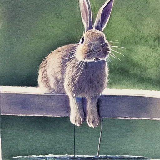 Image similar to a rabbit standing on a bridge, fishing, realistic watercolour