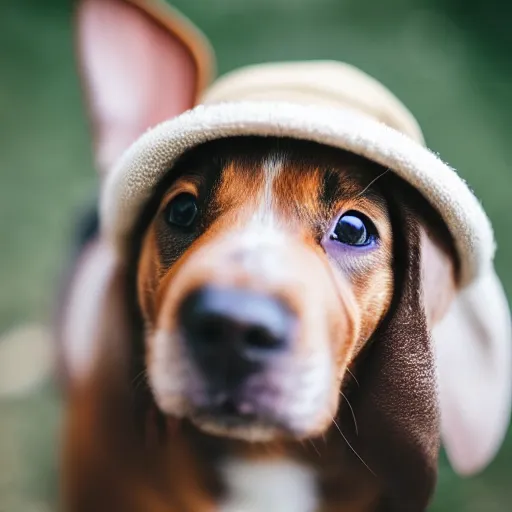 Image similar to a cute puppy wearing a hat, Canon EOS R3, f/1.4, ISO 200, 1/160s, 8K, RAW, unedited, symmetrical balance, in-frame