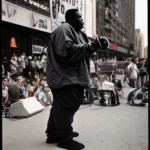 Image similar to the notorious big in brooklin, street concert, 1 9 9 4, kodachrome photograph, 5 0 mm lens