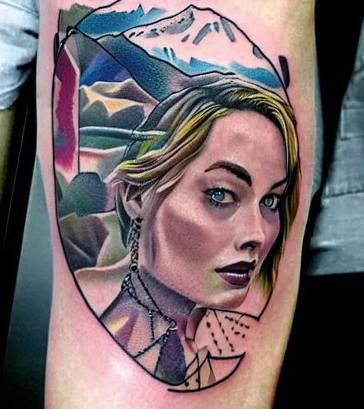 Image similar to mash up tattoo design sketch of margot robbie and beautiful mountain scenery, in the style of arlo dicristina, surrealist, amazing detail, sharp