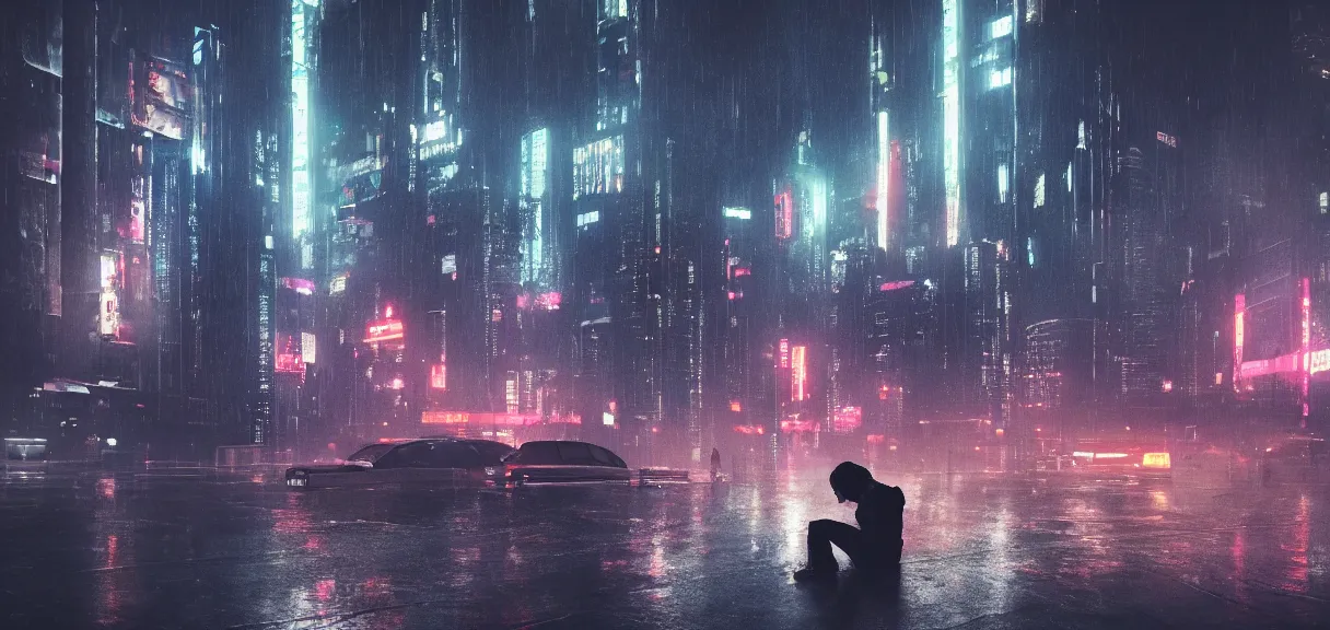 Image similar to shot of the roof with single man sitting on the edge during rain, below impressive cyberpunk night city during great rainy storm with lightning, nightscape, futuristic architecture, realistic photo, neons, blade runner, akira style, cinematic lighting, cinematic angles