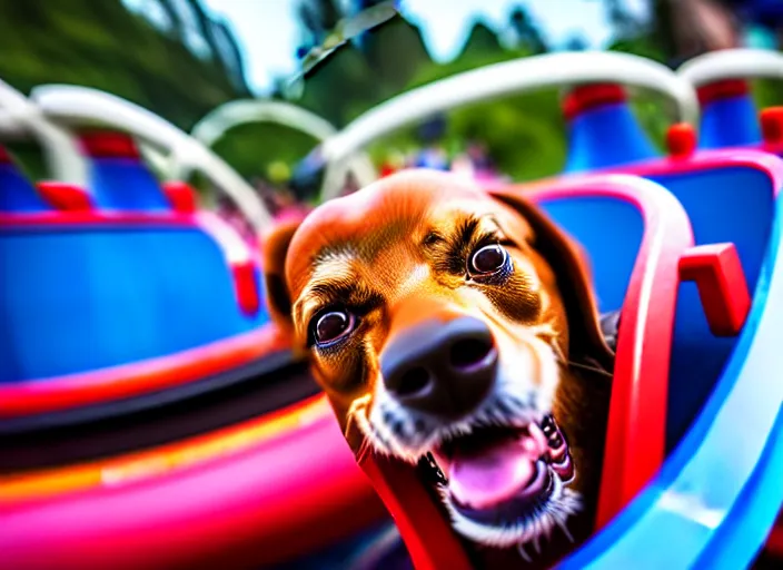 Image similar to film still of a dog riding a roller coaster in disneyland paris, 8 k