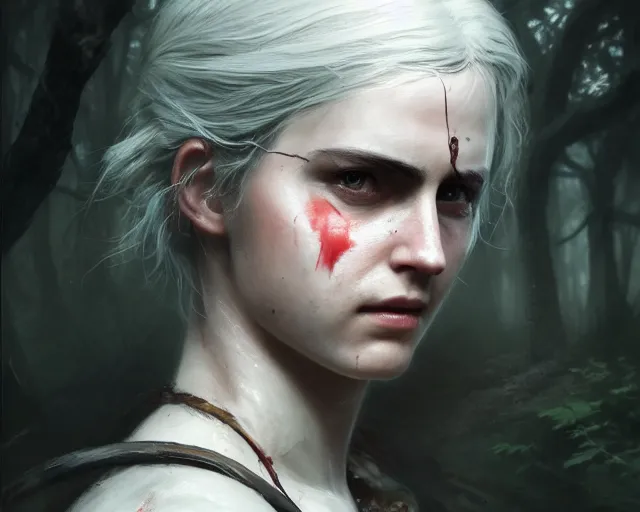 Image similar to 5 5 mm portrait photo of a real life tough looking battle hardened ciri with a thin face and a large scar across her left cheek, in a magical forest. dark atmosphere. art by greg rutkowski. highly detailed 8 k. intricate. lifelike. soft light. nikon d 8 5 0.