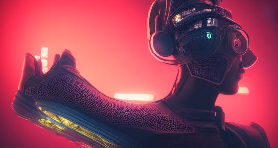 Image similar to realistic 3 d render of a cyberpunk android sneaker, beautiful studio lighting, soft, sharp focus, neon cyberpunk highlights, intricate detail, gold and red accents, soft rubber, octane render, side view, close up, trending on artstation, deviantart, moebius, artgerm, feng zhu