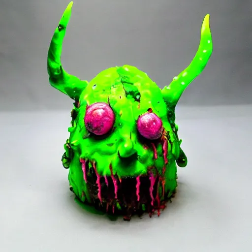 Prompt: a cute and colorful grimy slimepunk ooze monster sculpture