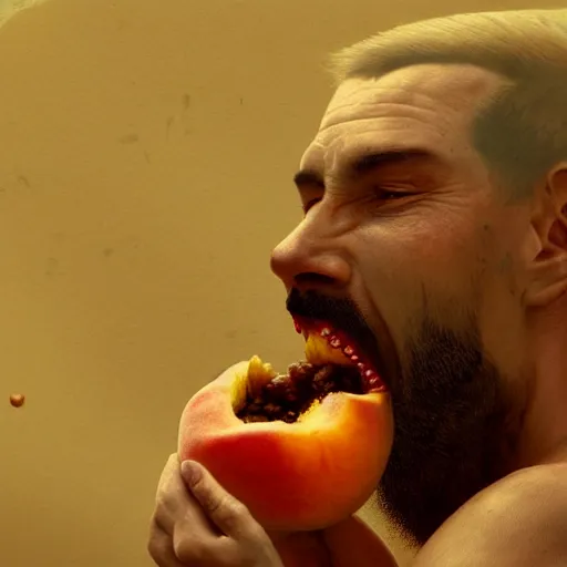 Prompt: Portrait of a feral man eating a peach, factory background, detail chewing, aesthetic, by greg rutkowski, rendered in octane