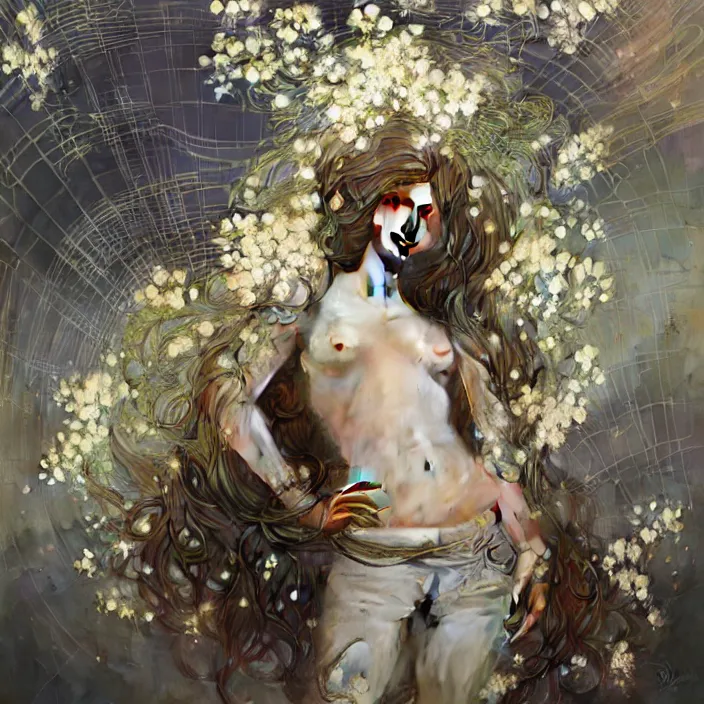 Image similar to hyperrealist portrait of a 2 0 4 4 space sport engineer, it is decorated with long wires and white flowers that fall like vines and wears a huge computer crown. by jeremy mann and alphonse mucha, fantasy art, photo realistic, dynamic lighting, artstation, poster, volumetric lighting, very detailed faces, 8 k, award winning