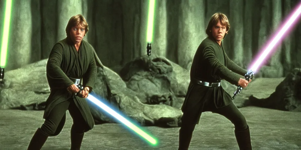 Image similar to Luke Skywalker Return of the jedi played by Mark Hamill 1983, standing alone, full body shot, motion blur, sequel trilogy 80s, green lightsaber, heroic pose, ultra realistic, 4K, movie still, UHD, sharp, detailed, cinematic, render, modern