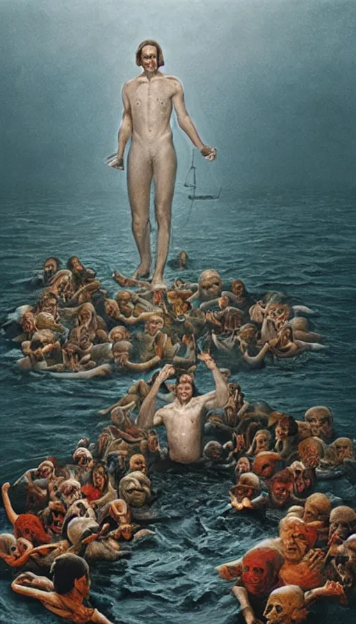 Prompt: man on boat crossing a body of water in hell with creatures in the water, sea of souls, by gottfried helnwein