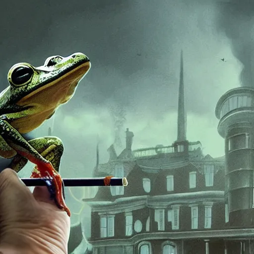 Image similar to A portrait of a scary godlike anthropomorphic frog smoking a cigarette , mansion made of mushrooms in background . award winning. superb resolution. in the art style of junji Ito and greg rutkowski . Detailed Mushroom city in background. Hyper realistic anime. Perfect art. Dalle2