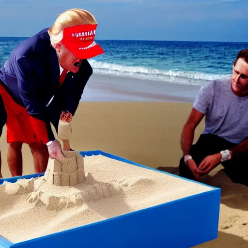 Image similar to Donald Trump at the beach making a sand castle with SpongeBob squarepants