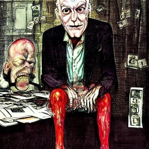 Image similar to Jacob Rothschild full body shot, dollar bills Body horror, biopunk, by Ralph Steadman, Francis Bacon, Hunter S Thompson