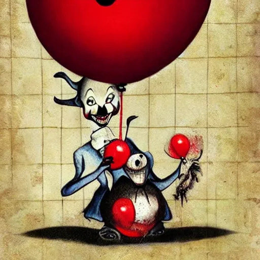 Prompt: grunge cartoon painting of a cow with a wide smile and a red balloon by chris leib, loony toons style, pennywise style, corpse bride style, horror theme, detailed, elegant, intricate