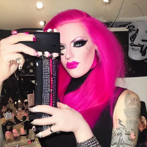 Prompt: jeffree star 2 0 0 0 s selfie with pink red hair and holding a pink rhinestone phone