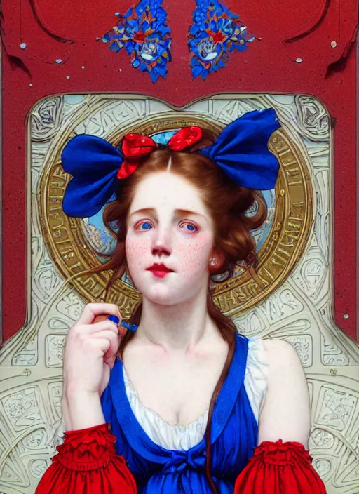 Prompt: close up portrait of wendy thomas, pale young woman with dark freckles and bright red pigtails and blue bows, blue dress with lace ruffles by artgerm, cushart krenz, greg rutkowski, mucha. art nouveau. gloomhaven, golden arches logo, pale colors, sharp edges. ultra clear detailed. 8 k. elegant, intricate, octane render