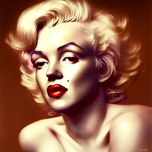 Image similar to a hyper - realistic character concept art portrait of marilyn monroe, depth of field background, artstation, award - winning realistic sci - fi concept art by jim burns and greg rutkowski, beksinski, a realism masterpiece, james gilleard, bruegel, alphonse mucha, and yoshitaka amano.