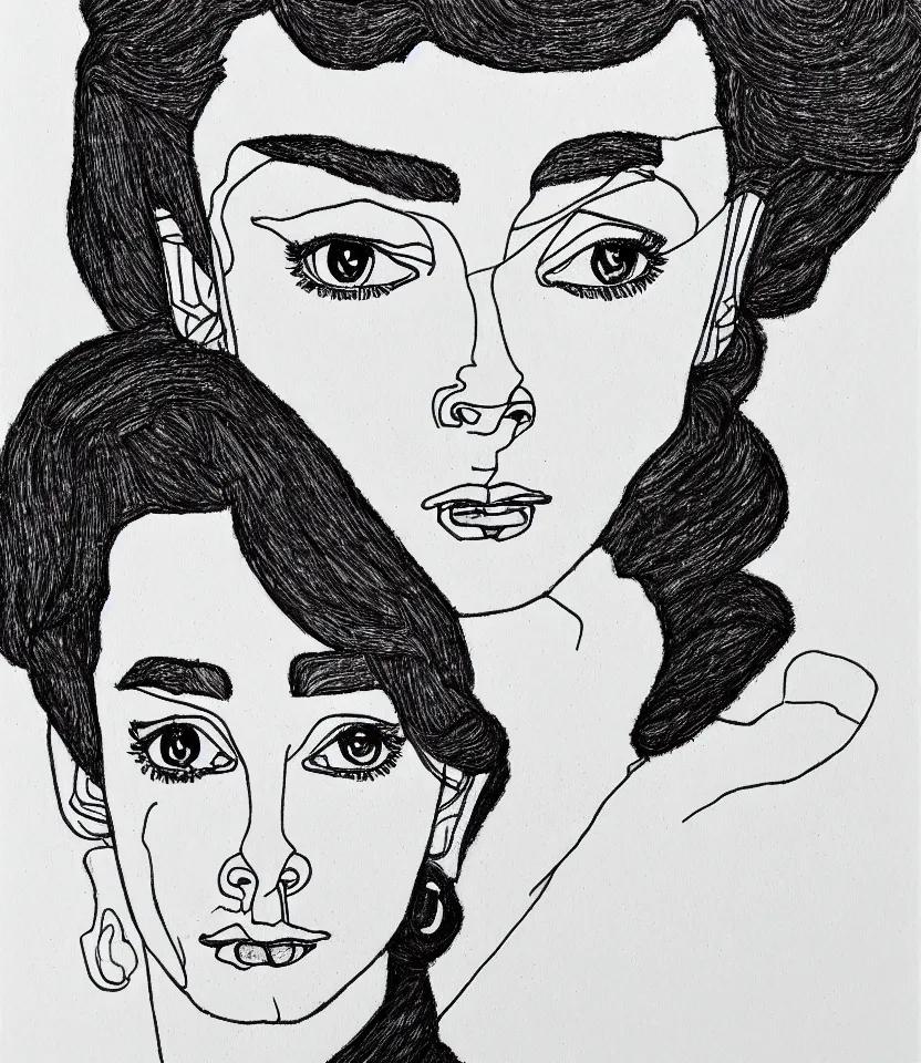 Prompt: gracefully detailed line art portrait of audrey hepburn, inspired by egon schiele.