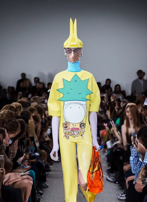 Prompt: hyperrealistic and heavy detailed balenciaga runway show of rick and morty , Leica SL2 50mm, vivid color, high quality, high textured