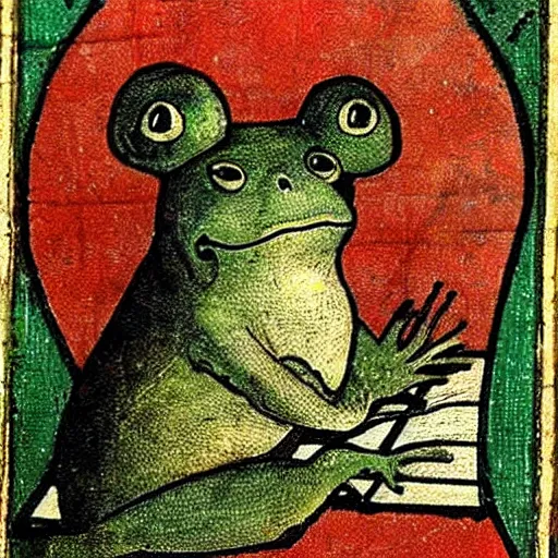 Prompt: medieval painting of a frog behind a computer