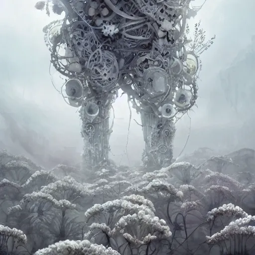 Prompt: intricate bio - mechanical white flowers intertwined with human bio - mechanical organs, intricate environment, matte painting, cinematic, epic composition, highly detailed, atmospheric, wide angle, artstation trending