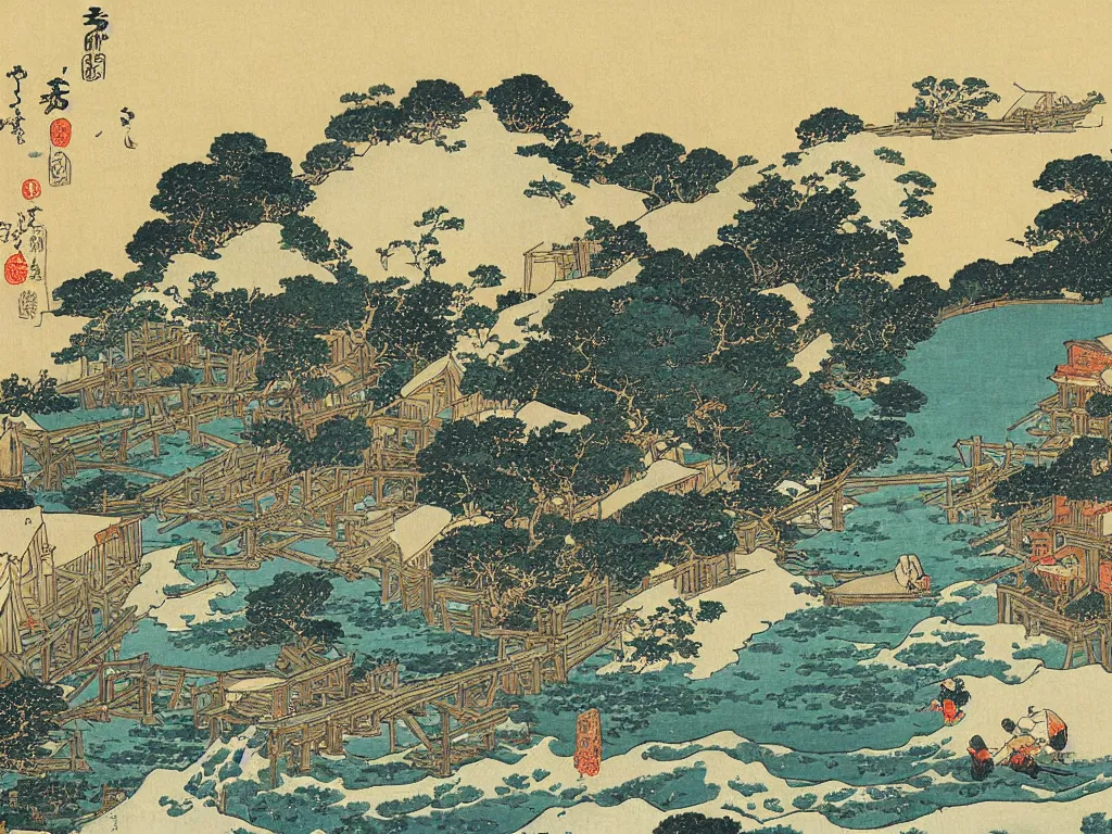 Image similar to traditional painting of an ancient fishing village by hokusai