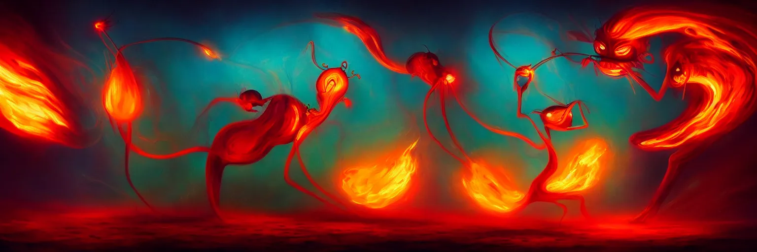 Image similar to whimsical surreal fiery plankton creatures, surreal dark uncanny painting by ronny khalil