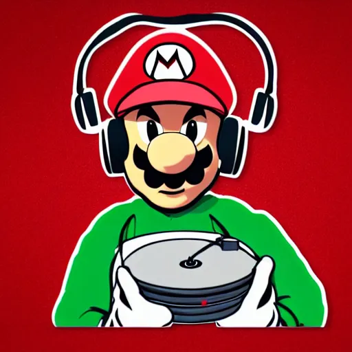 Image similar to svg sticker of a Pop-Wonder SuperMario, Mario-Wearing-a-red-hat, at a rave, spinning records, giant headphones rocking out, wearing headphones, huge speakers, dancing, rave, DJ, spinning records, digital art, amazing composition, rule-of-thirds, award-winning, trending on artstation, featured on deviantart