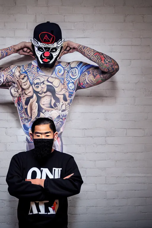 Image similar to asian guy with oni mask stand in front of wall with nipsey hussle mural, photorealistic, smooth, 4 k, aesthetic lighting, baroque object, sharp focus, hyperdetailed, professional photography, pullitzer winning, photo by : canon eos 5 d mark iv, by karah mew and adnan abidi and jodie bateman