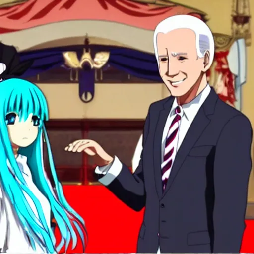 Prompt: anime depiction of Joe Biden marrying Hatsune Miku