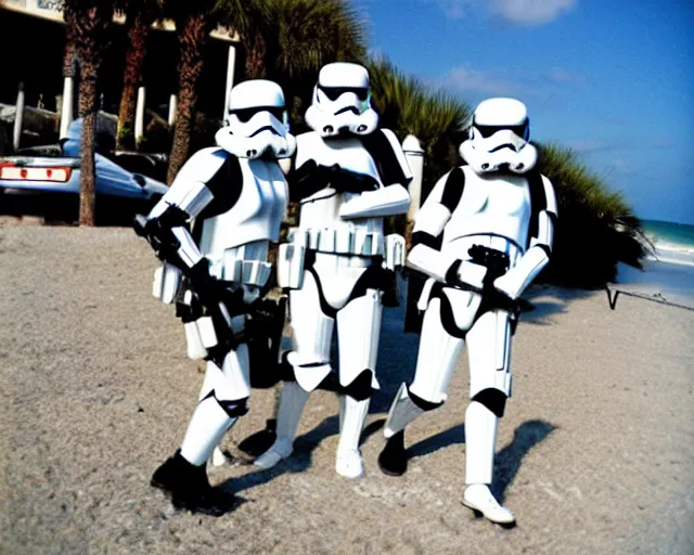 Prompt: stormtroopers goofing off on spring break, daytona beach, 2007, disposable camera photo, cdx