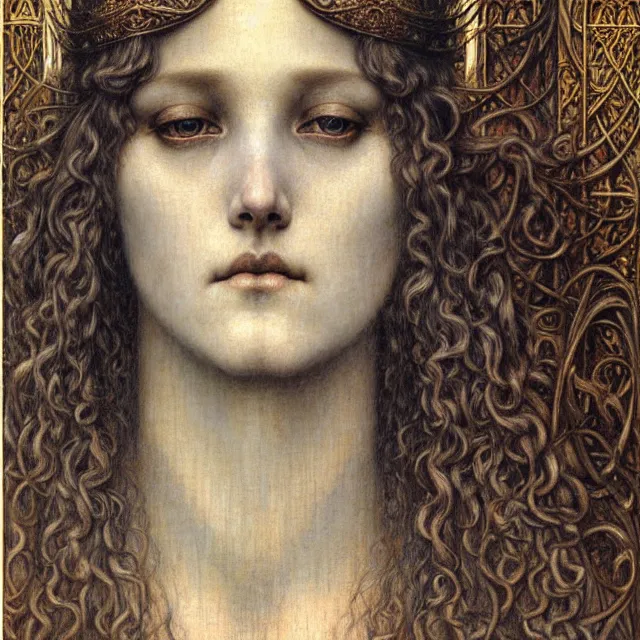 Image similar to detailed realistic beautiful young medieval queen face portrait by jean delville, gustave dore and marco mazzoni, art nouveau, symbolist, visionary, gothic, pre - raphaelite. horizontal symmetry