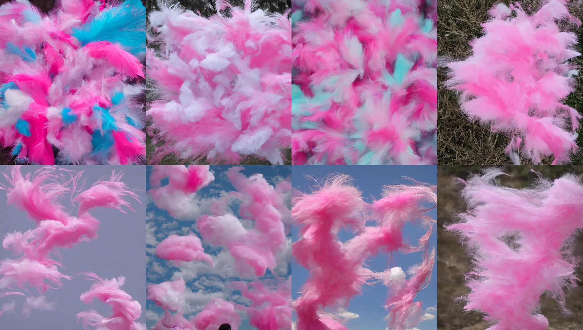 Prompt: pink, feathers, cotton candy, windy, wisps, wlop