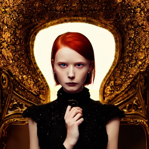 Prompt: redhead girl in black dress in beautiful castle, black pearls and golden gems, glowing eyes, light freckles, portrait, conceptart, medium shot, unreal, octane, symmetrical, photorealism