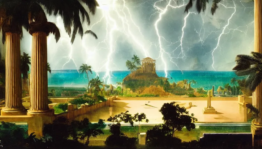 Image similar to Palace of the occult, mediterranean balustrade and columns, refracted sparkles, thunderstorm, greek pool, beach and Tropical vegetation on the background major arcana sky and occult symbols, by paul delaroche, hyperrealistic 4k uhd, award-winning, very detailed paradise