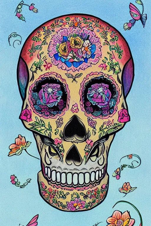 Prompt: illustration of a sugar skull day of the dead girl, art by todd schorr