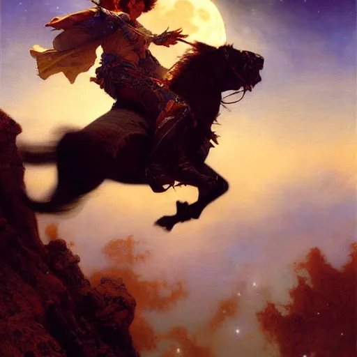 Image similar to attractive male witch magically flying with no horses, trough the night, fantasy, full moon in background. highly detailed painting by gaston bussiere, craig mullins, j. c. leyendecker, mid shot, 8 k