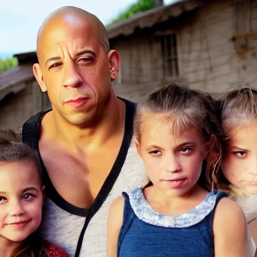 Prompt: closeup photo of vin diesel and his wife and 6 children, sunny day, village house, pastoral, happy, very high detail of faces, cinematic, art by jan urschel and neil blevins