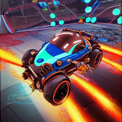 Image similar to prompt : rocket league soft light painted by james jean and katsuhiro otomo and erik jones, inspired by akira anime, smooth face feature, intricate oil painting, high detail illustration, sharp high detail, manga and anime 1 9 9 9