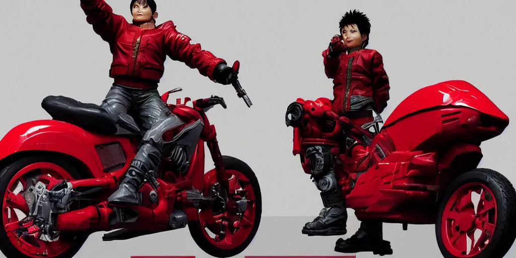 Image similar to kaneda from akira with his motorbike, character sheet, concept design, contrast, hot toys, kim jung gi, greg rutkowski, zabrocki, karlkka, jayison devadas, trending on artstation, 8 k, 3 d scene, ultra wide angle, pincushion lens effect