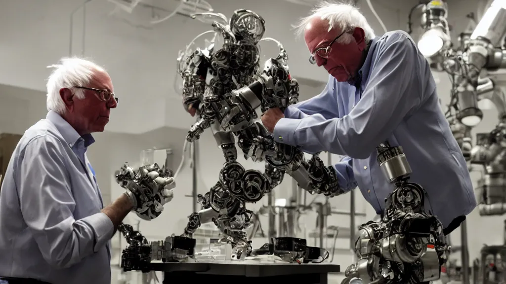 Prompt: bernie sanders putting the finishing touches on a cute clockwork doomsday robot, cinematic moody lighting, sharp focus, dirty laboratory, imax