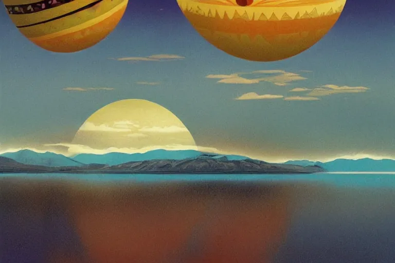 Prompt: a giant ((((metallic)))) floating sphere covered in canadian colorful aboriginal patterns!! hovering above a Yukon lake, (painted by Ralph McQuarrie), matte painting, very detailed, cold colors, concept art