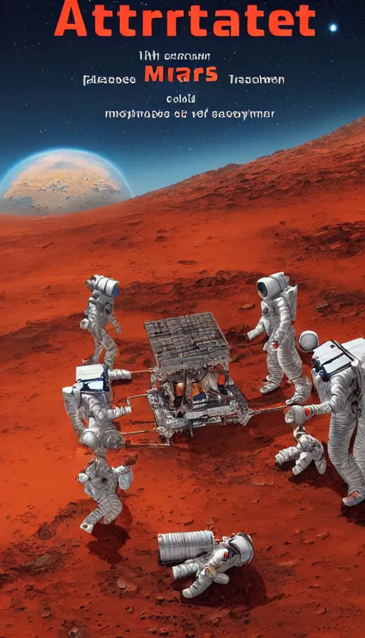 Image similar to movie poster of astronauts mining on mars, highly detailed, large text, bright colours, animated