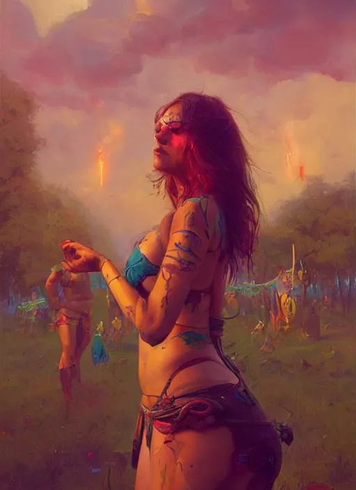 Image similar to hyper realistic photography of festival warrior curvy girl saturated colors, cinematic, greg rutkowski, rowena morrill, juan gimenez