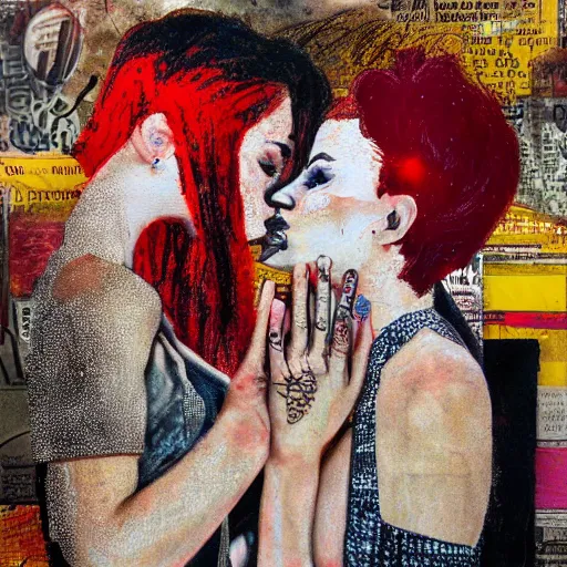 Image similar to mixed media collage of two women kissing, highly detailed, oil paint and canvas texture, punk expressionism