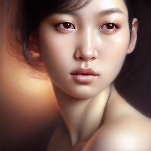 Prompt: portrait of a very very beautiful woman, square-faced, sand-colored skin, harried bun of black hair, korean, soft details, dark brown eyes, matte painting oil on canvas by mark arian by artgerm, trending on artstation, 4k, 8k, HD