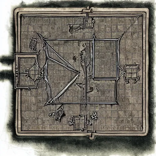 Prompt: dnd battlemap showing the interior of a castle. Grid, parchment and ink