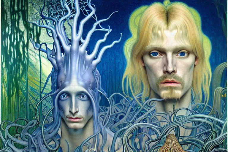 Image similar to realistic detailed portrait painting of a beautiful ghost man with blond hair with an alien, futuristic sci-fi forest on background by Jean Delville, Amano, Yves Tanguy, Alphonse Mucha, Ernst Haeckel, Edward Robert Hughes, Roger Dean, rich moody colours, blue eyes