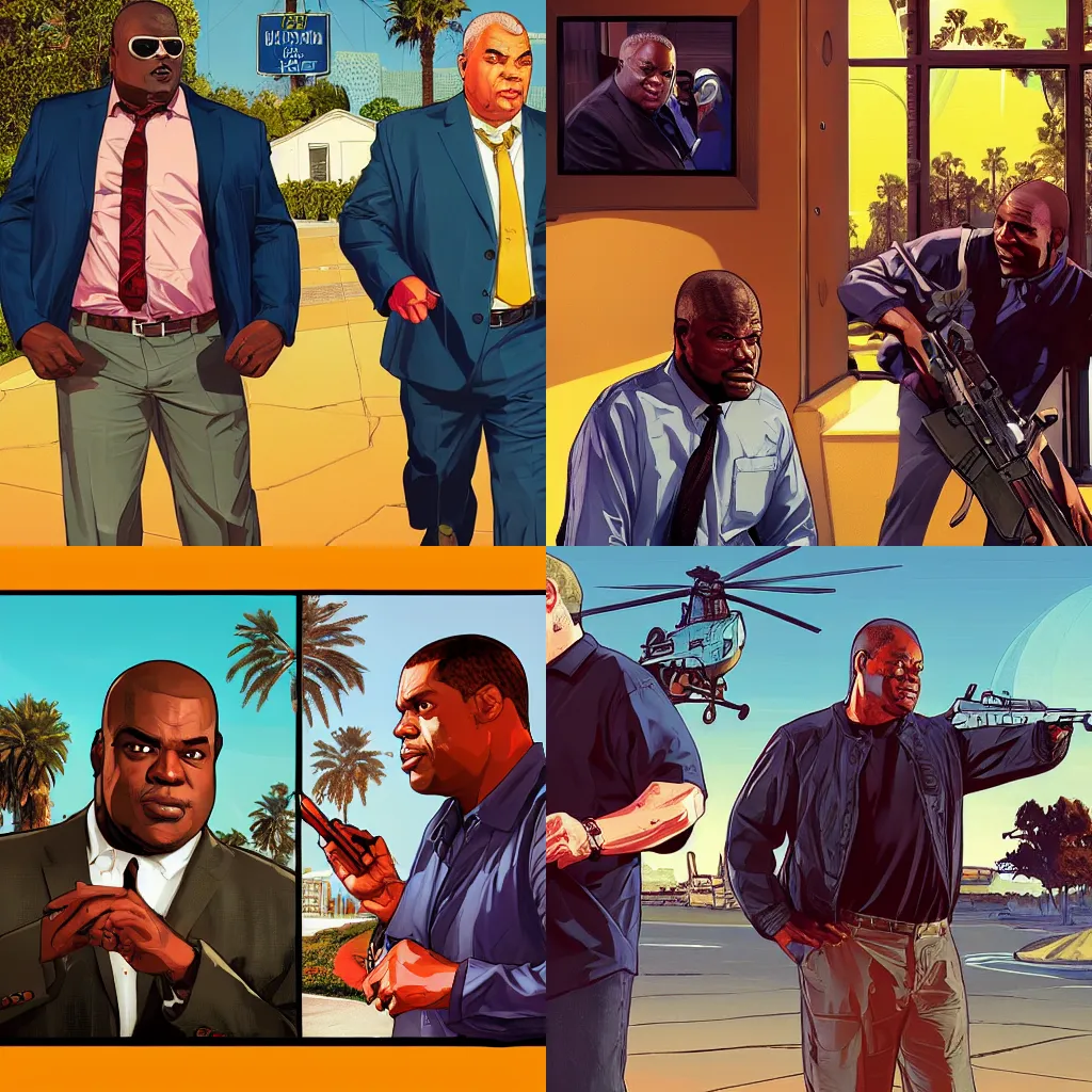 Prompt: Huell Babineaux and Patrick Kuby in GTA V, cover art by Stephen Bliss, artstation, no text