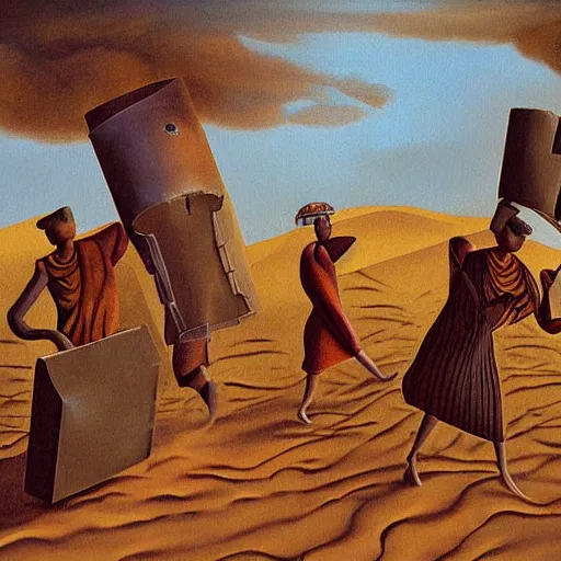 Prompt: a surrealism fantasy painting of the three men carrying a chest in the desert by finlay virgil