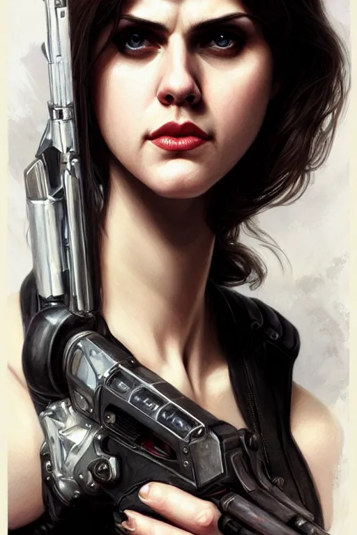 Prompt: alexandra daddario as sexy punisher from marvel, realistic portrait, symmetrical, highly detailed, digital painting, artstation, concept art, smooth, sharp focus, illustration, cinematic lighting, art by artgerm and greg rutkowski and alphonse mucha